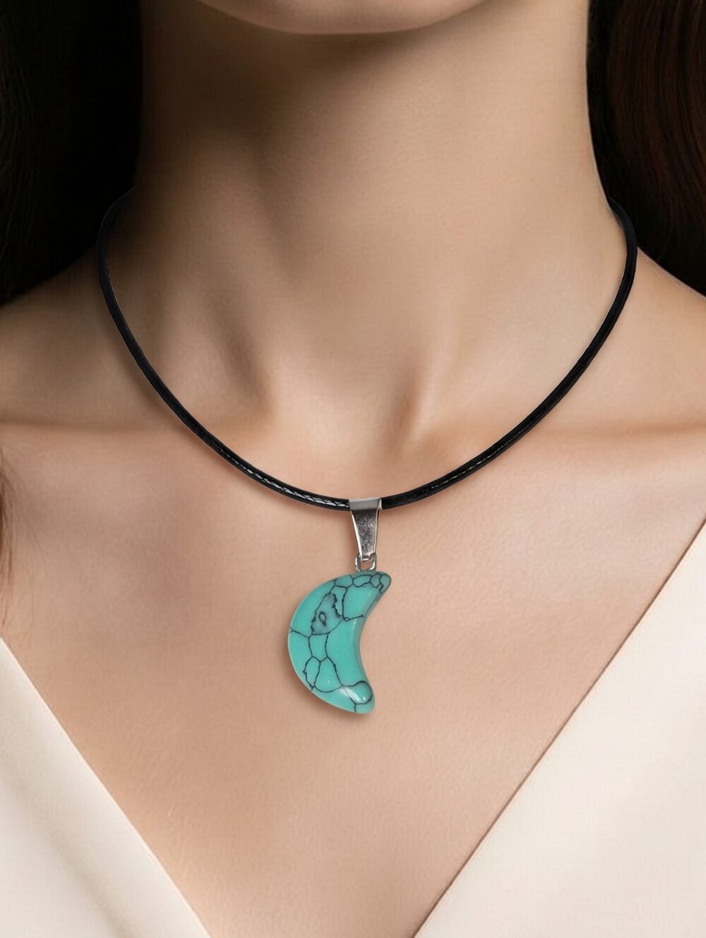 African Turquoise Howlite Crescent Moon Necklace Blue Celestial Boho Pendant